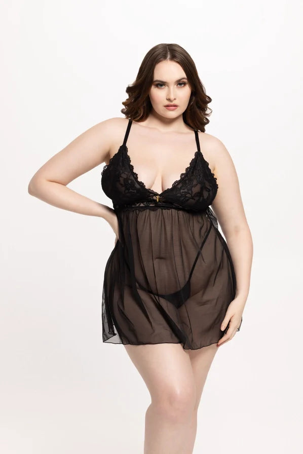 Bella Lace & Mesh Babydoll & G-String Set In Black - House of Desire - BraTopia