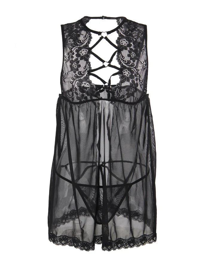 Sheer Mesh Front Lace Up Chemise in Black - Lovely Lies - BraTopia