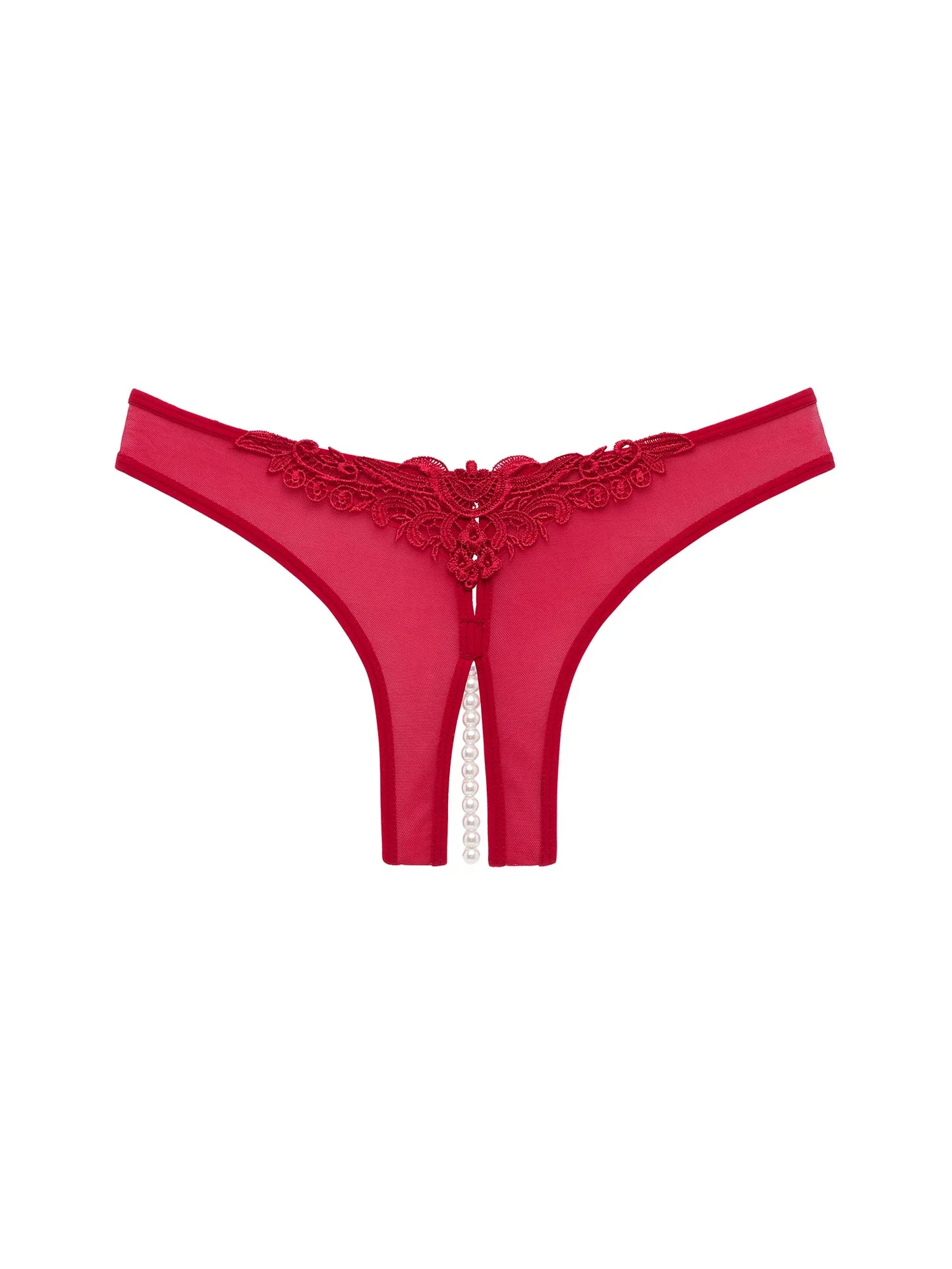 Paradise Crotchless Thong With Pearls In Red - Oh La La Cheri - BraTopia