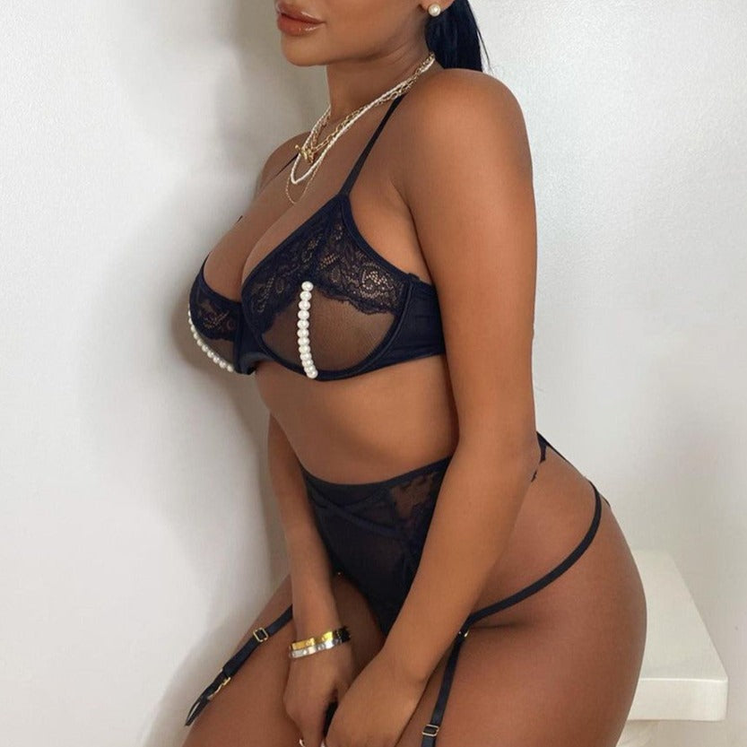 Alyssa Lace & Pearls Open Cup Bra In Black - Oh La La Cheri - BraTopia