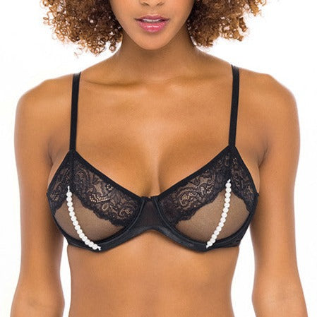 Alyssa Lace & Pearls Open Cup Bra In Black - Oh La La Cheri - BraTopia