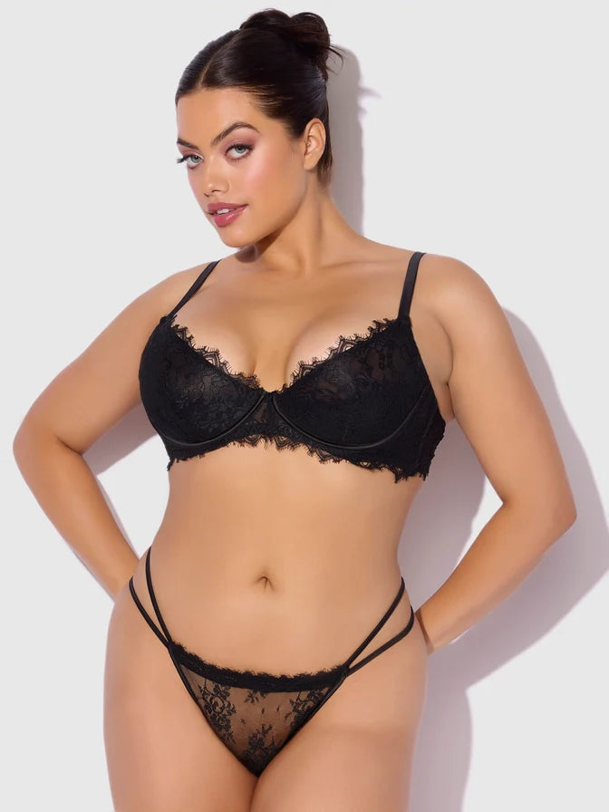 Jocelyn Satin & Lace Strapy Thong In Black - House of Desire - BraTopia