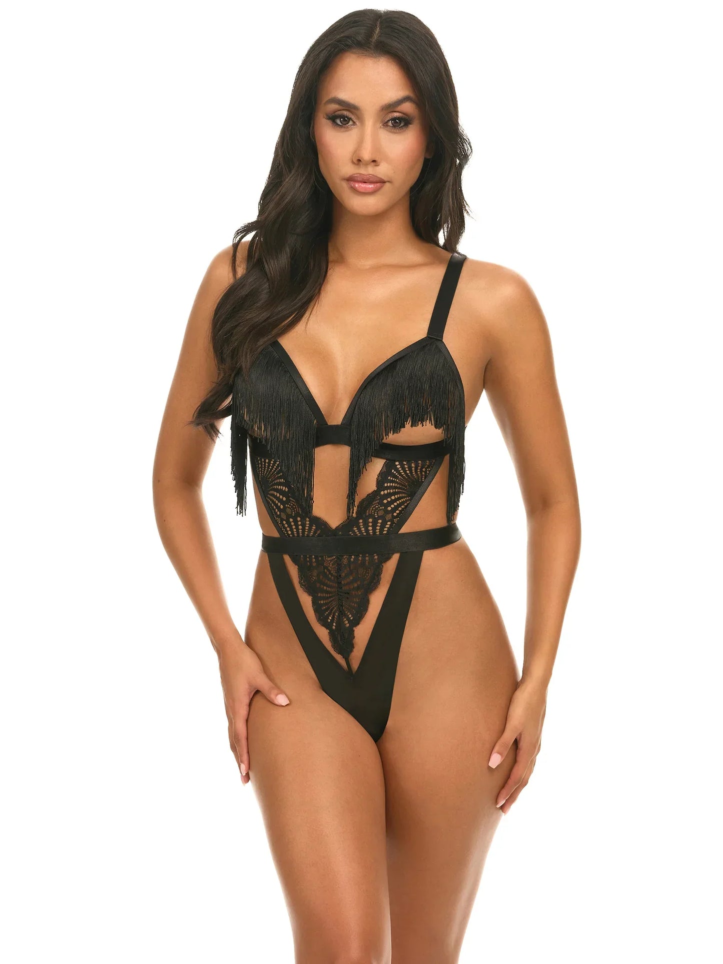 Annika Open Cup Teddy with Fringe Detail In Black - Oh La La Cheri - BraTopia