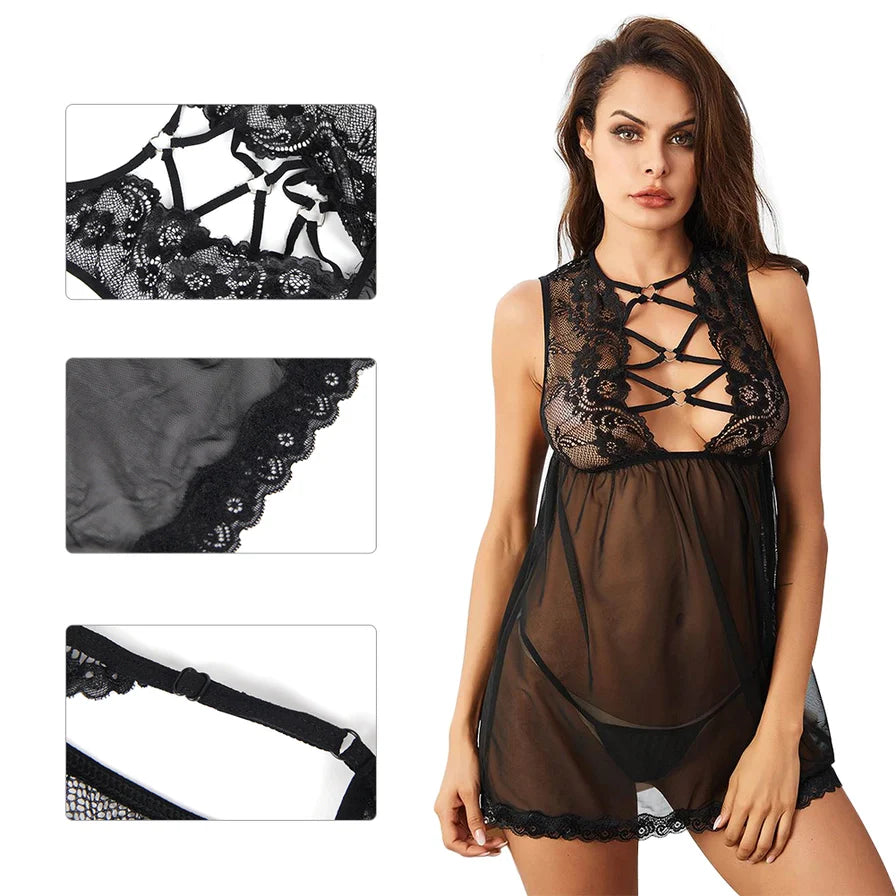 Sheer Mesh Front Lace Up Chemise in Black - Lovely Lies - BraTopia