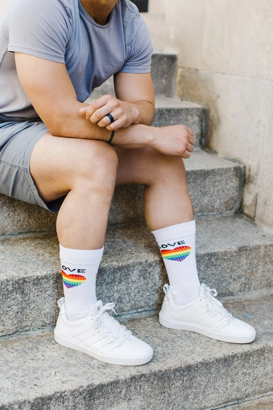 Colorful Rainbow Love Heart Crew Socks In White - MeMoi