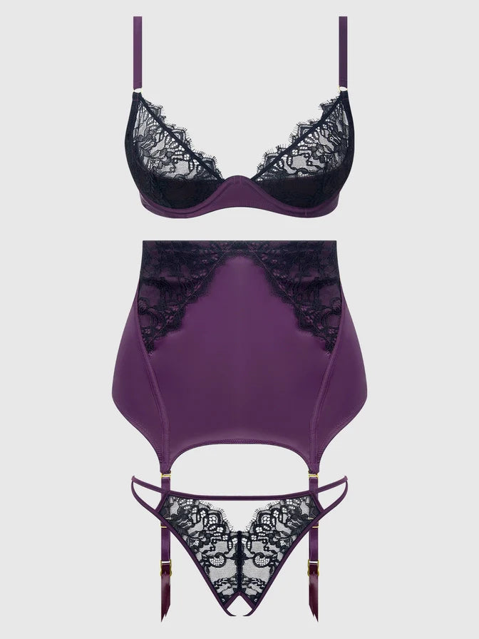 Jocelyn Satin & Lace Crotchless Thong In Purple & Black - House of Desire - BraTopia