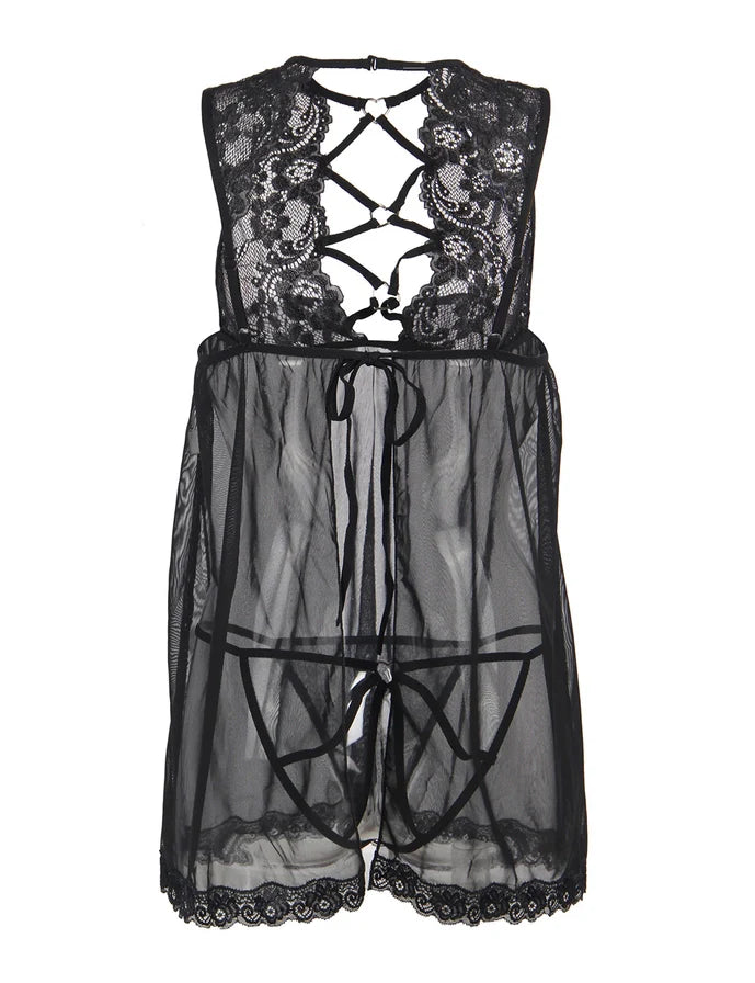 Sheer Mesh Front Lace Up Chemise in Black - Lovely Lies - BraTopia