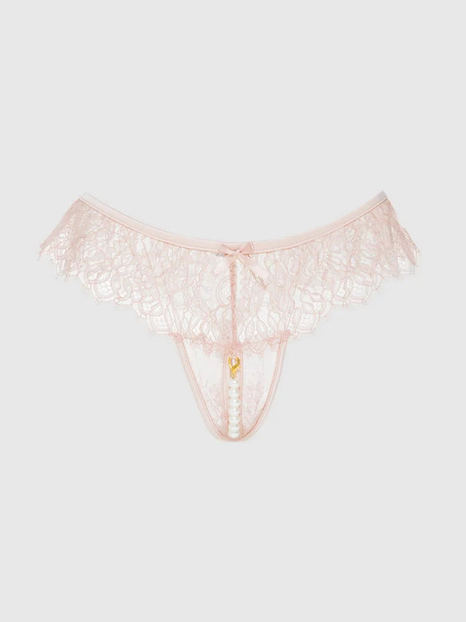 Jocelyn Lace & Pearl Crotchless Thong In Light Pink - House of Desire