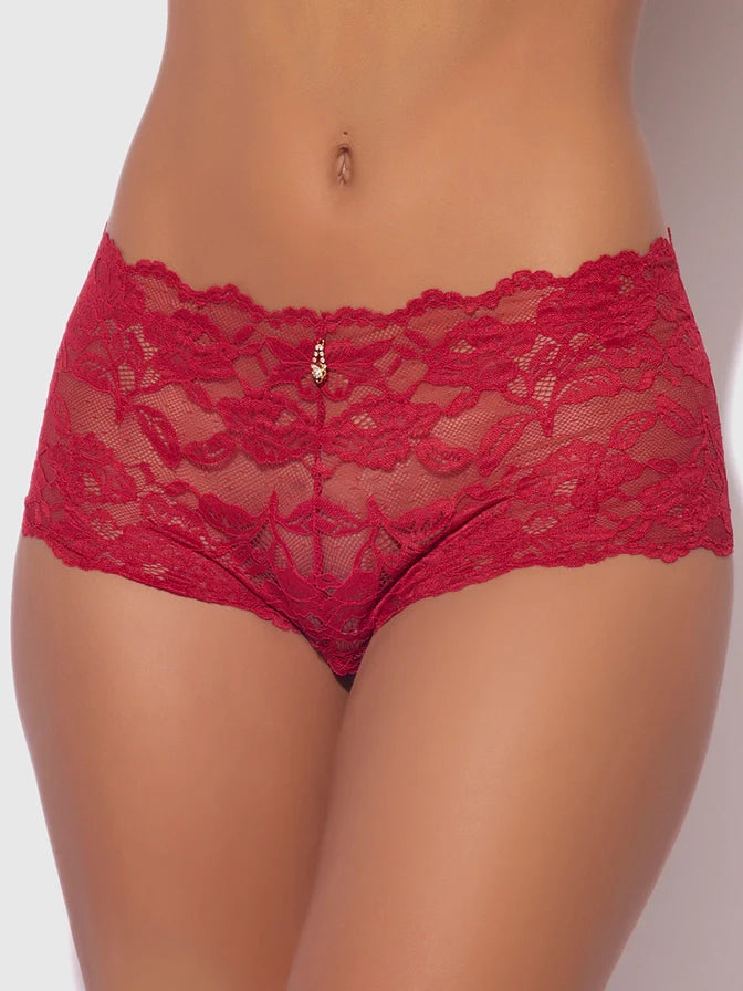 Bella Lace Crotchless Cheeky In Crimson Red - House of Desire - BraTopia