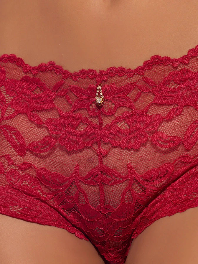 Bella Lace Crotchless Cheeky In Crimson Red - House of Desire - BraTopia
