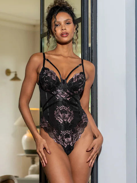 After Hours Underwire Thong Black Bodysuit In Black & Soft Pink - Pour Moi - BraTopia