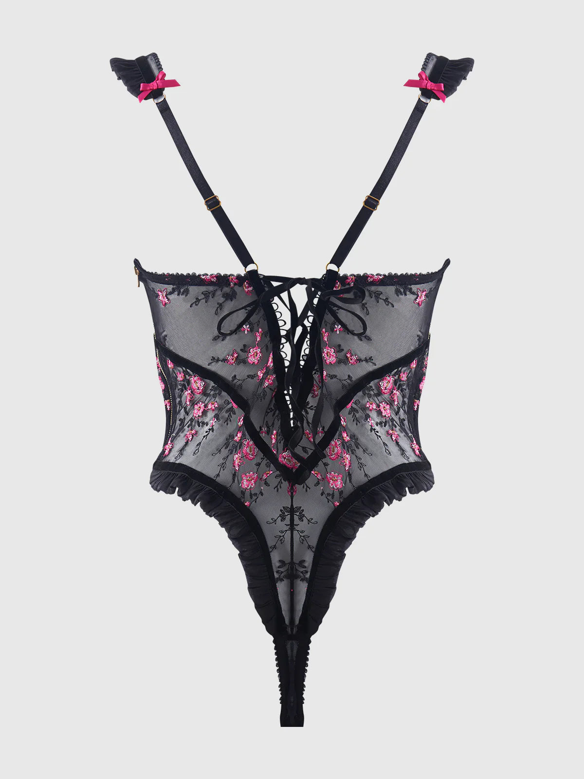 Harper Embroidered Mesh & Ruffle Teddy in Black/Pink Dragon - House of Desire