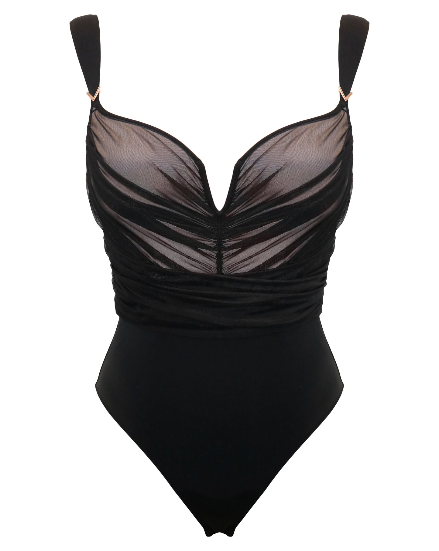 Ruched Mesh Underwired Padded Body In Black & Cosmetic- Pour Moi - BraTopia