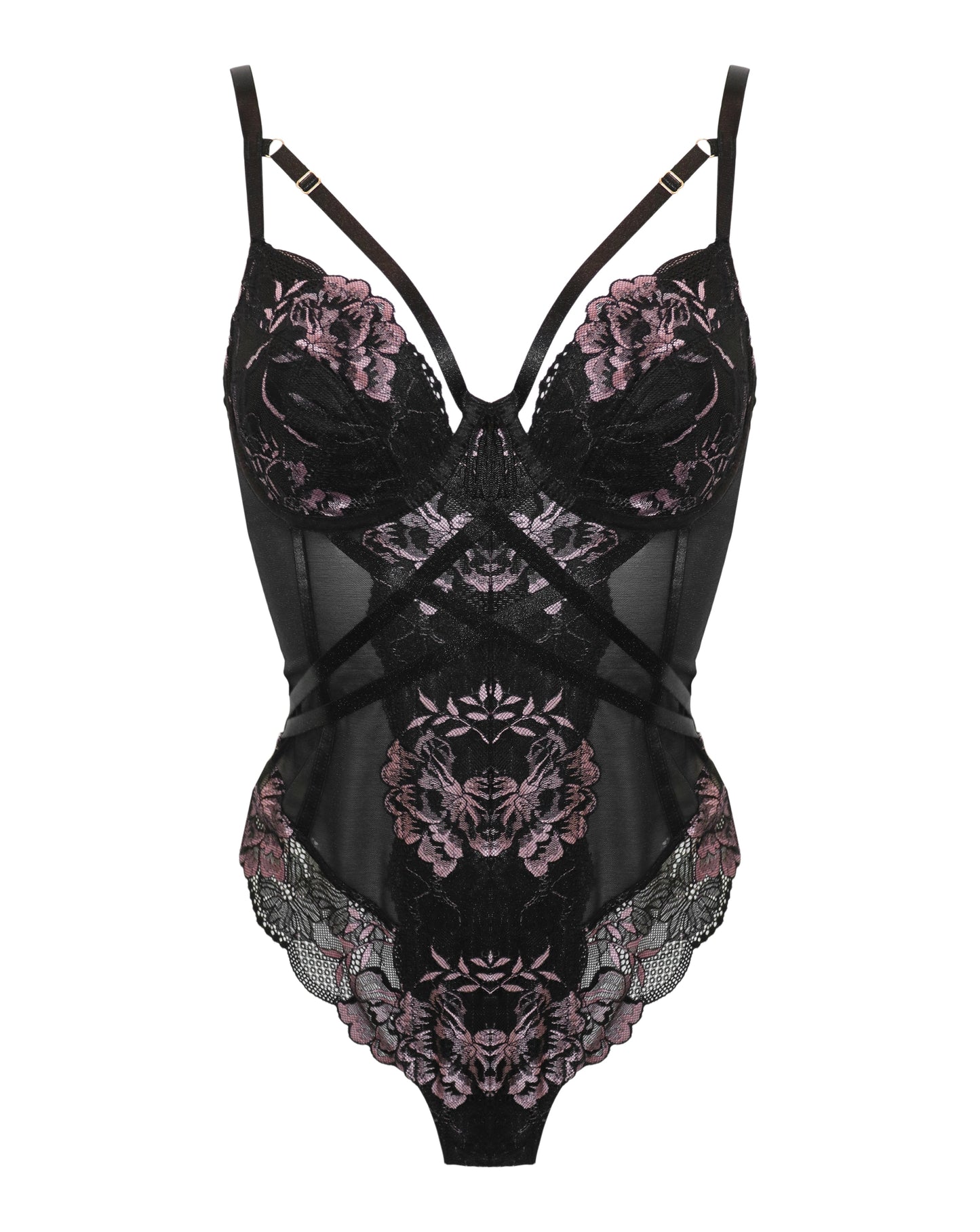 After Hours Underwire Thong Black Bodysuit In Black & Soft Pink - Pour Moi - BraTopia