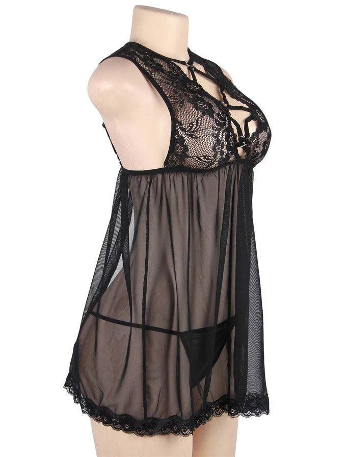 Sheer Mesh Front Lace Up Chemise in Black - Lovely Lies - BraTopia