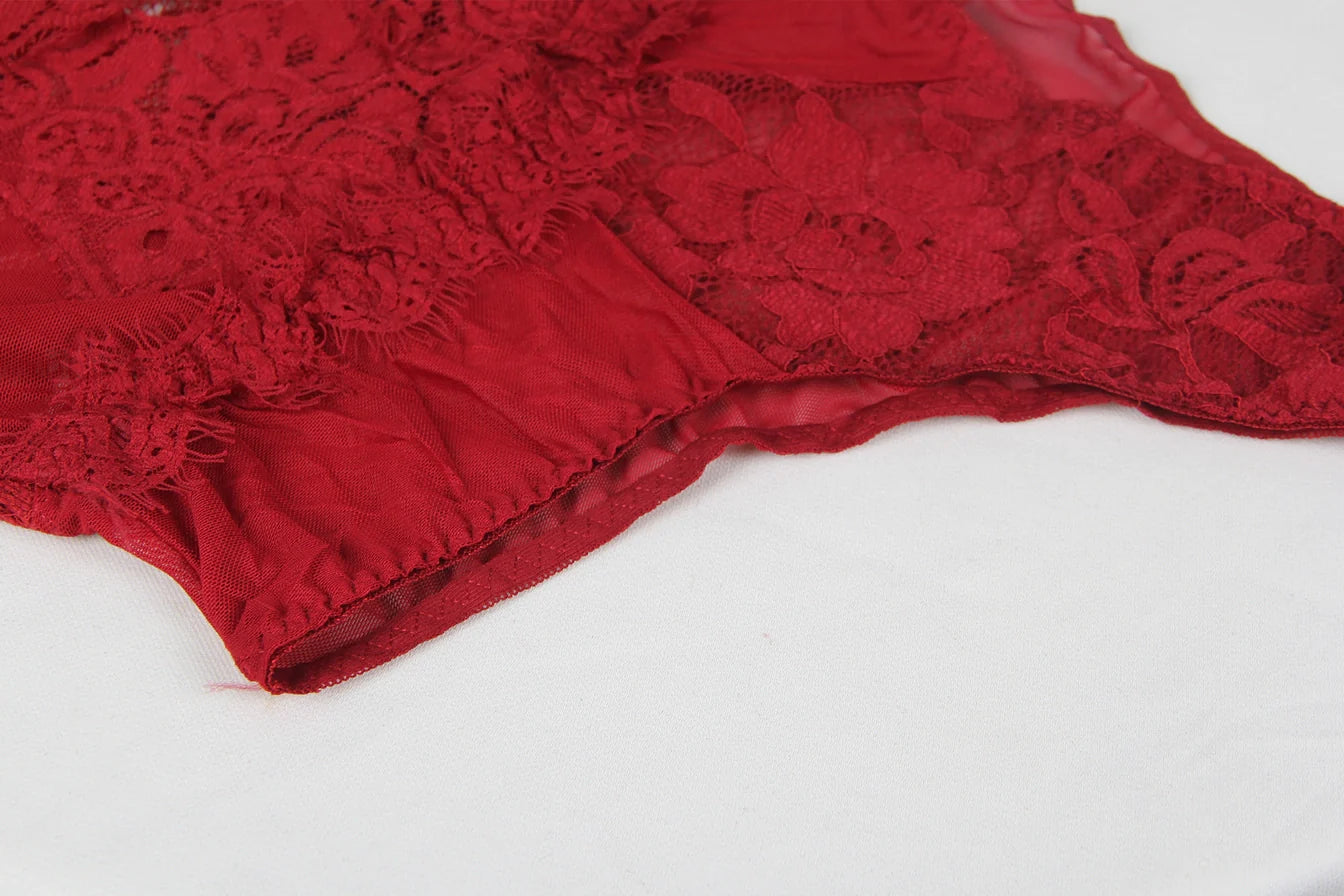 Sexy Deep Plunge Lace Long Sleeve Body Suit In Wine - Lovely Lies - BraTopia