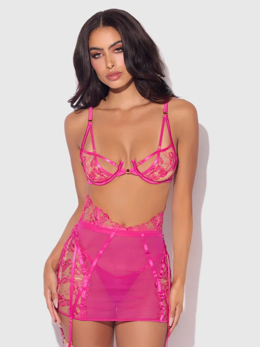 Nova Blacklight Lace Bra & Skirt Set In Pink Dragon - House of Desire