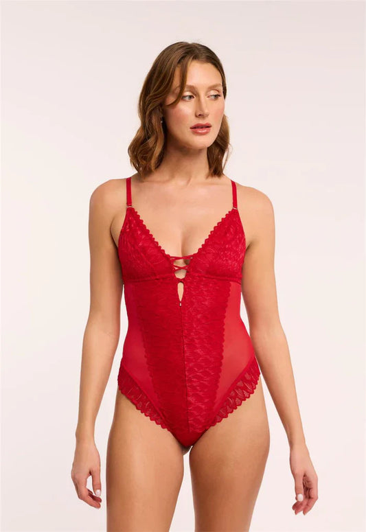 Lacy Teddy Bodysuit In Sweet Red - Montelle
