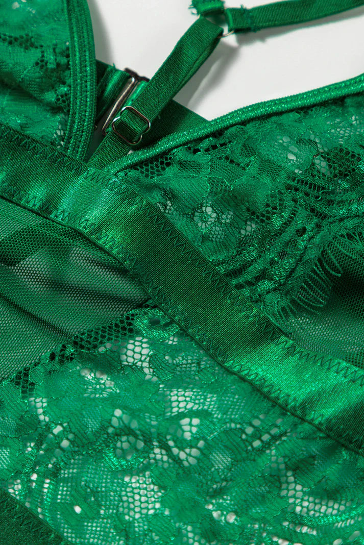 Ladies Lace, Satin, Mesh Teddy with Front Detail in Hunter Green - Lovely Lies