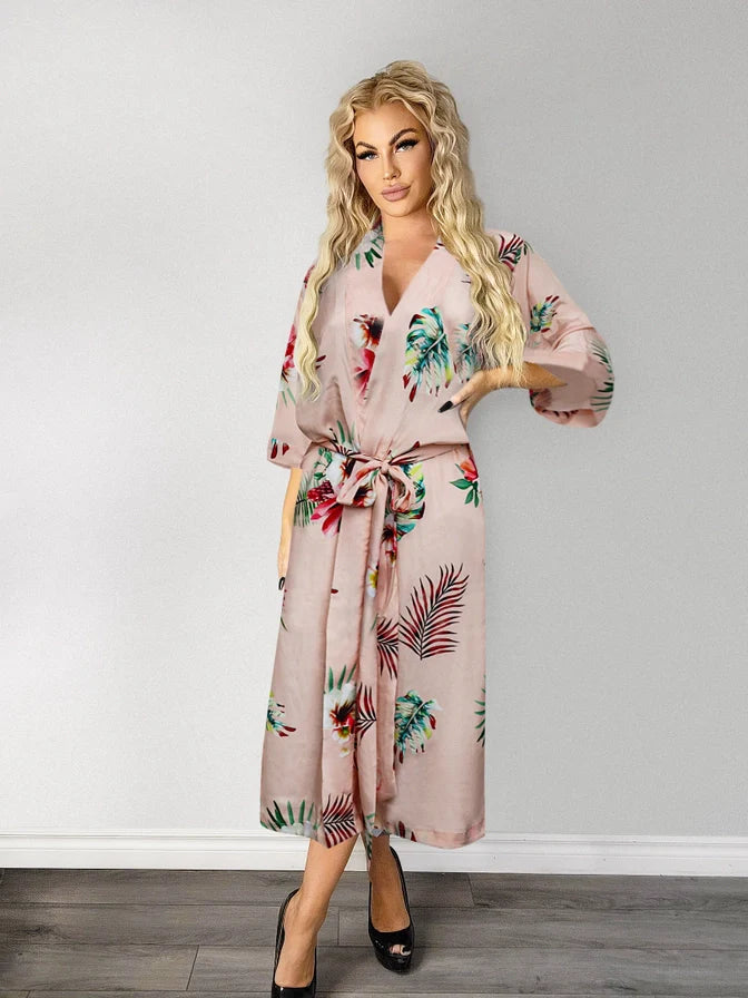 Ladies Sexy Floral Rose Printed Long Robe In Peach - Lovely Lies - BraTopia