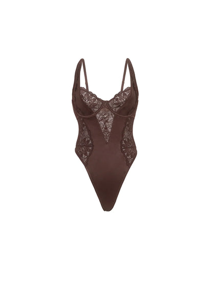 Adeline Unlined Underwire Lace & Satin Teddy In Chocolate - Oh La La Cheri