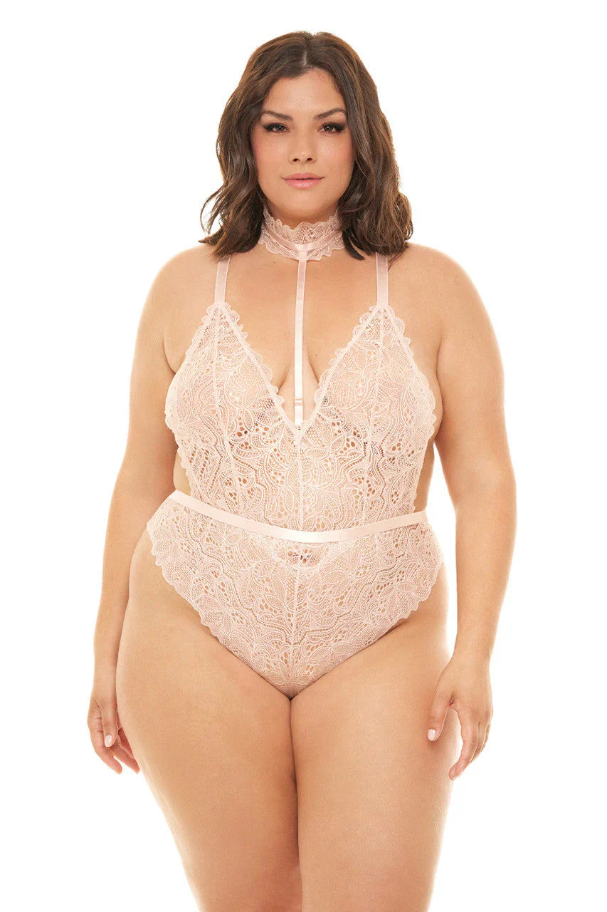 Dahlia Lace Deep Plunge Teddy In Peach Whip - Oh La La Cheri