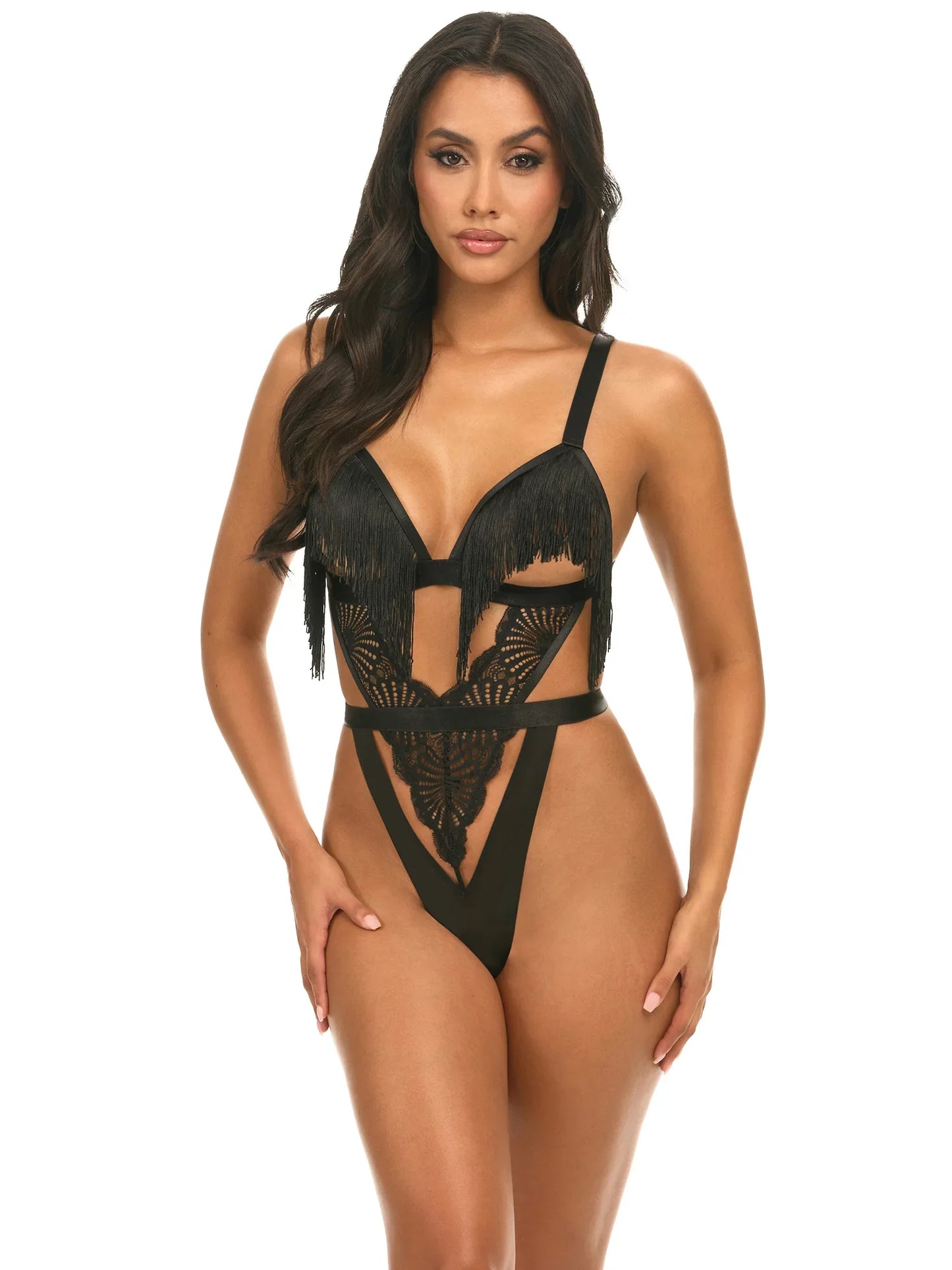 Annika Open Cup Teddy with Fringe Detail In Black - Oh La La Cheri