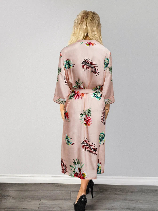 Ladies Sexy Floral Rose Printed Long Robe In Peach - Lovely Lies - BraTopia