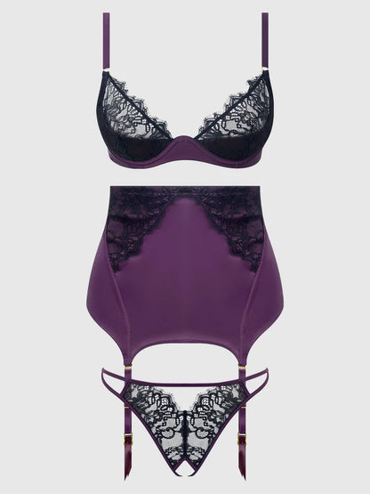 Jocelyn Satin & Lace Push Up Bra In Purple & Black- House of Desire