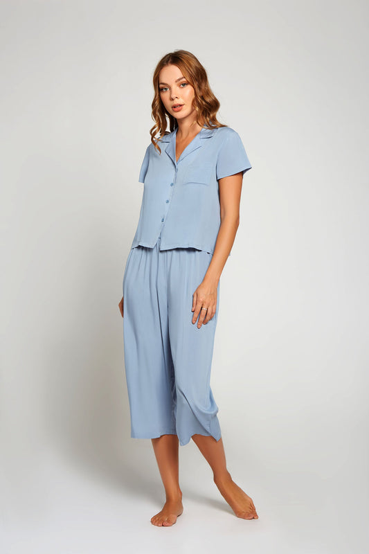 Rayon Wide Leg Pants In Blue - Golyta