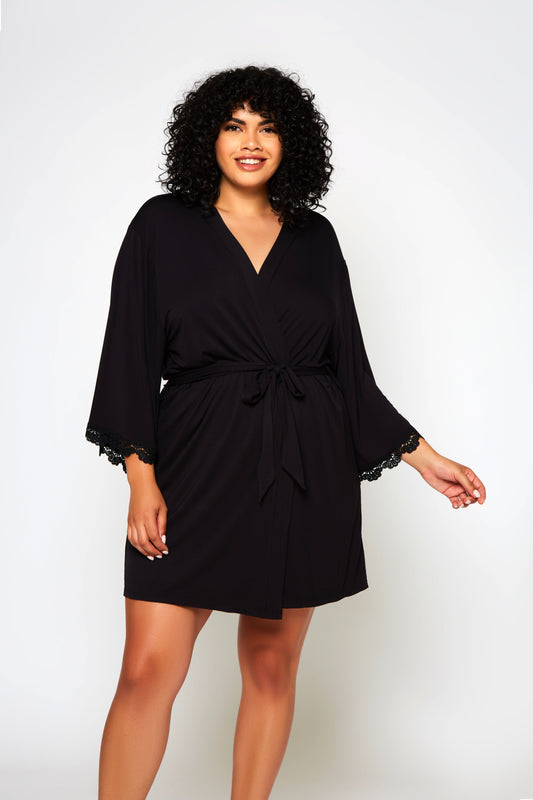 Polka Dots Mesh & Lace Robe In Black - Golyta