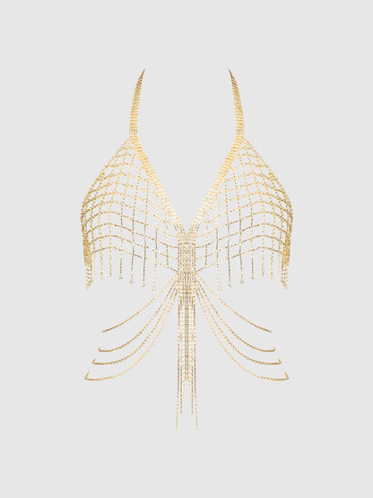 Rhinestone Net & Fringe Halter Bralette - House of Desire