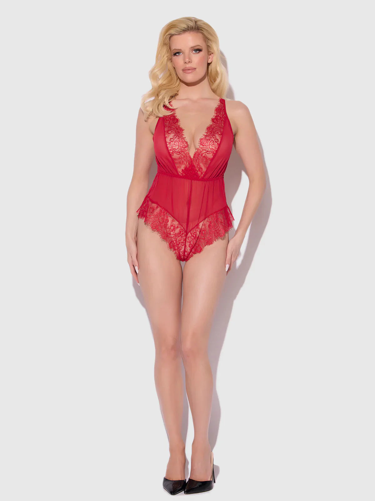 Mila Mesh & Eyelash Lace High Slit Romper Teddy - House of Desire