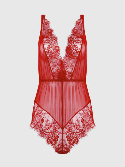 Mila Mesh & Eyelash Lace High Slit Romper Teddy - House of Desire