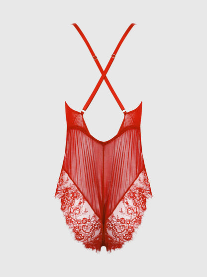 Mila Mesh & Eyelash Lace High Slit Romper Teddy - House of Desire