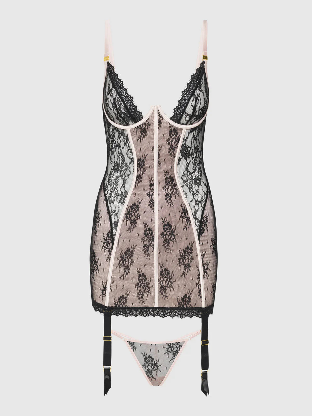 Jocelyn Satin & Lace Underwired Chemise In Black With Pink - House of Desire - BraTopia