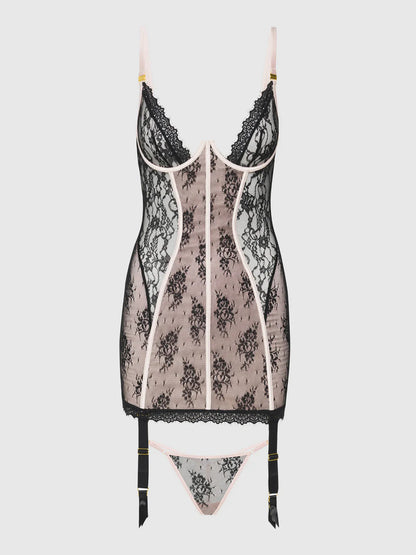 Jocelyn Satin & Lace Underwired Chemise In Black With Pink - House of Desire - BraTopia