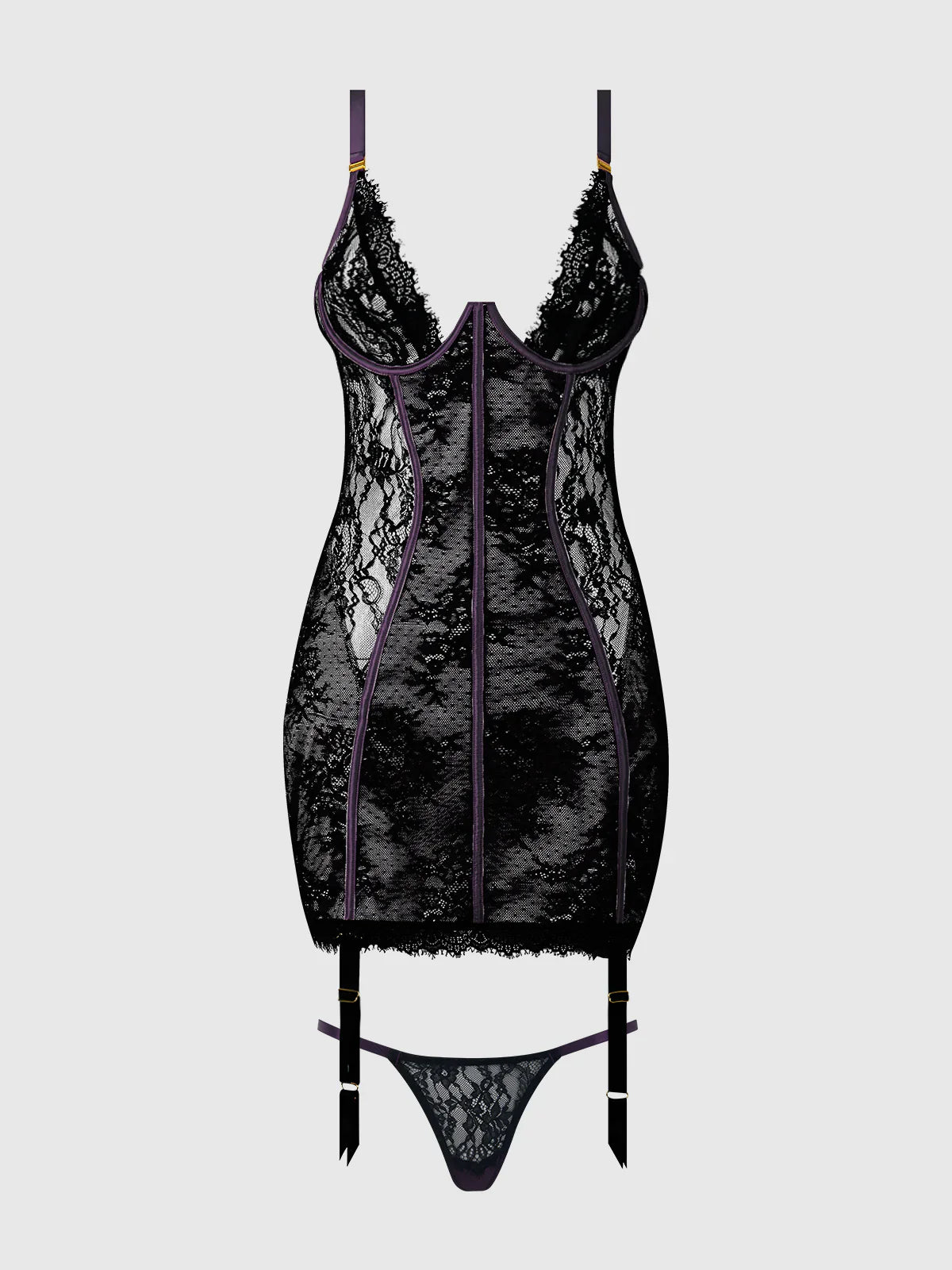 Jocelyn Satin & Lace Underwired Chemise In Black With Purple - House of Desire