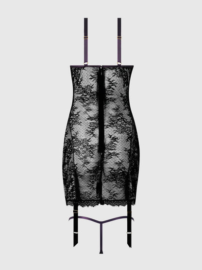 Jocelyn Satin & Lace Underwired Chemise In Black With Purple - House of Desire