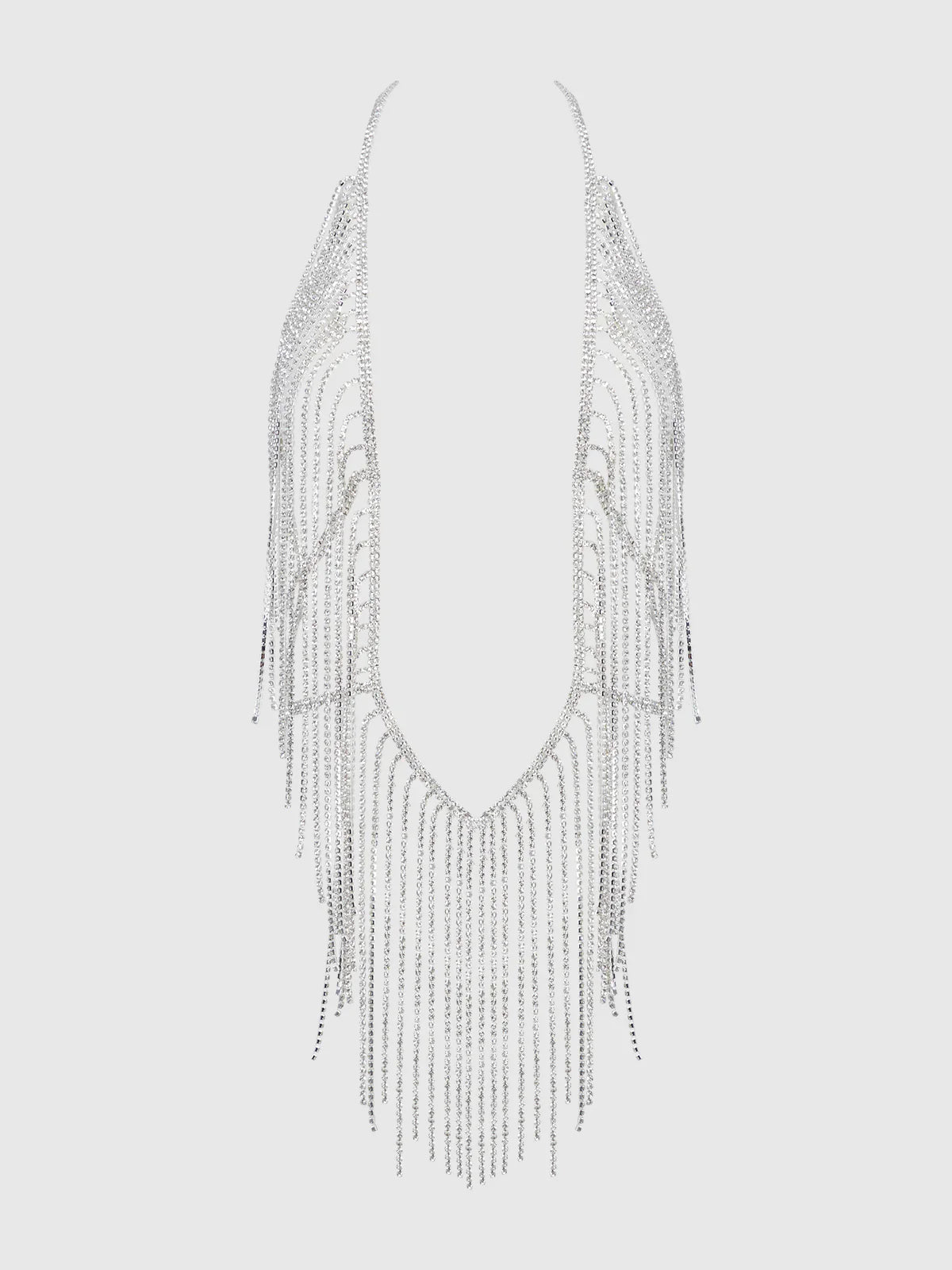 Rhinestone Plunge & Fringe Teddy in Silver - House of Desire