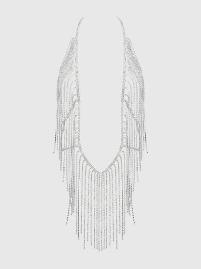 Rhinestone Plunge & Fringe Teddy in Silver - House of Desire