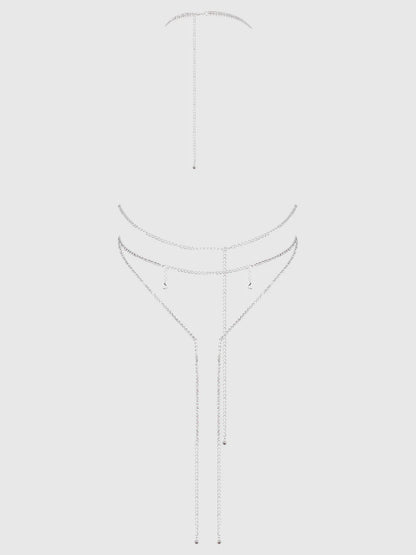 Rhinestone Plunge & Fringe Teddy in Silver - House of Desire