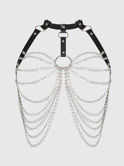 Chain & Leather-Like Draped Harness in Black/Silver - House of Desire