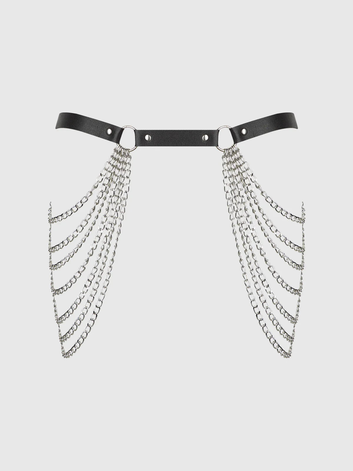 Chain & Leather Like Draped Garter In Black & Silver - House of Desire