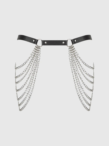 Chain & Leather Like Draped Garter In Black & Silver - House of Desire