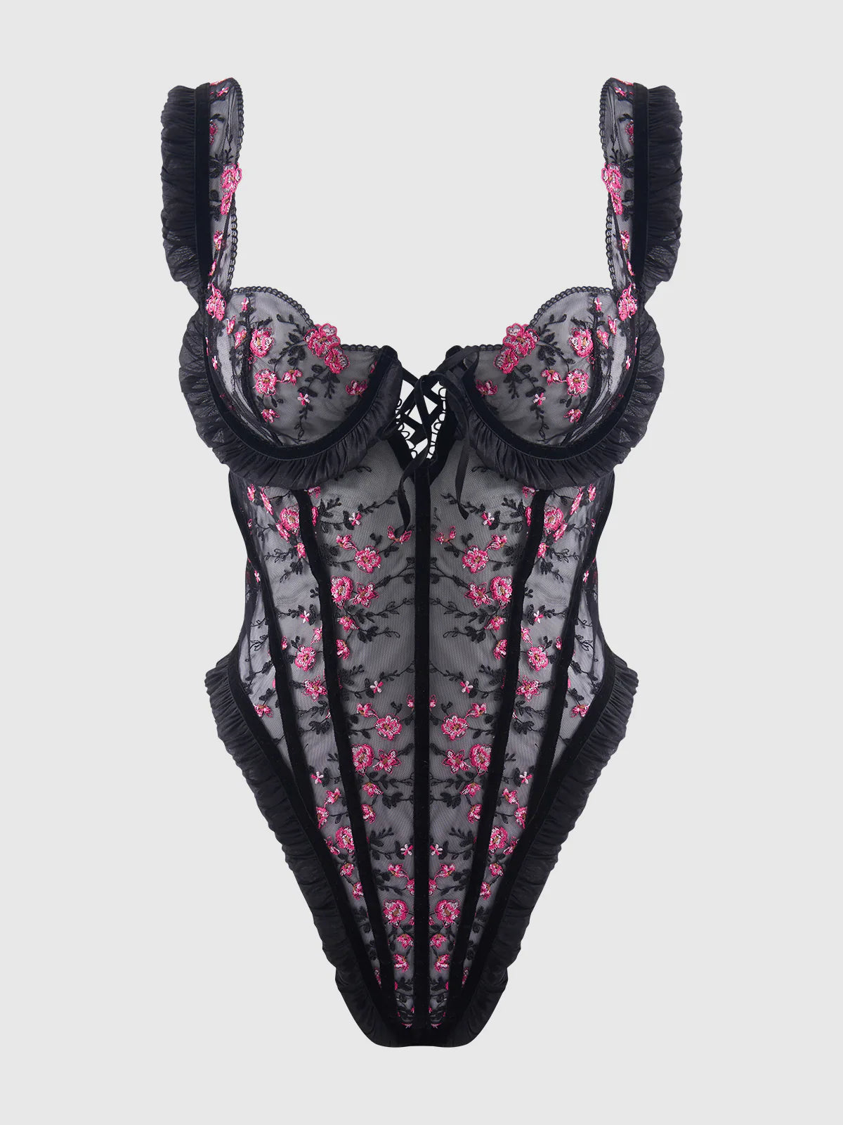 Harper Embroidered Mesh & Ruffle Teddy in Black/Pink Dragon - House of Desire