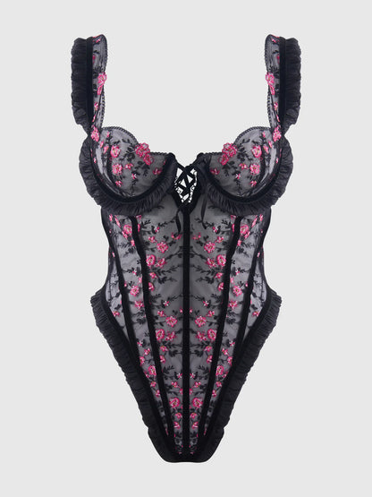 Harper Embroidered Mesh & Ruffle Teddy in Black/Pink Dragon - House of Desire