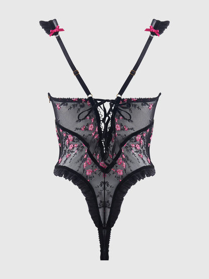 Harper Embroidered Mesh & Ruffle Teddy in Black/Pink Dragon - House of Desire