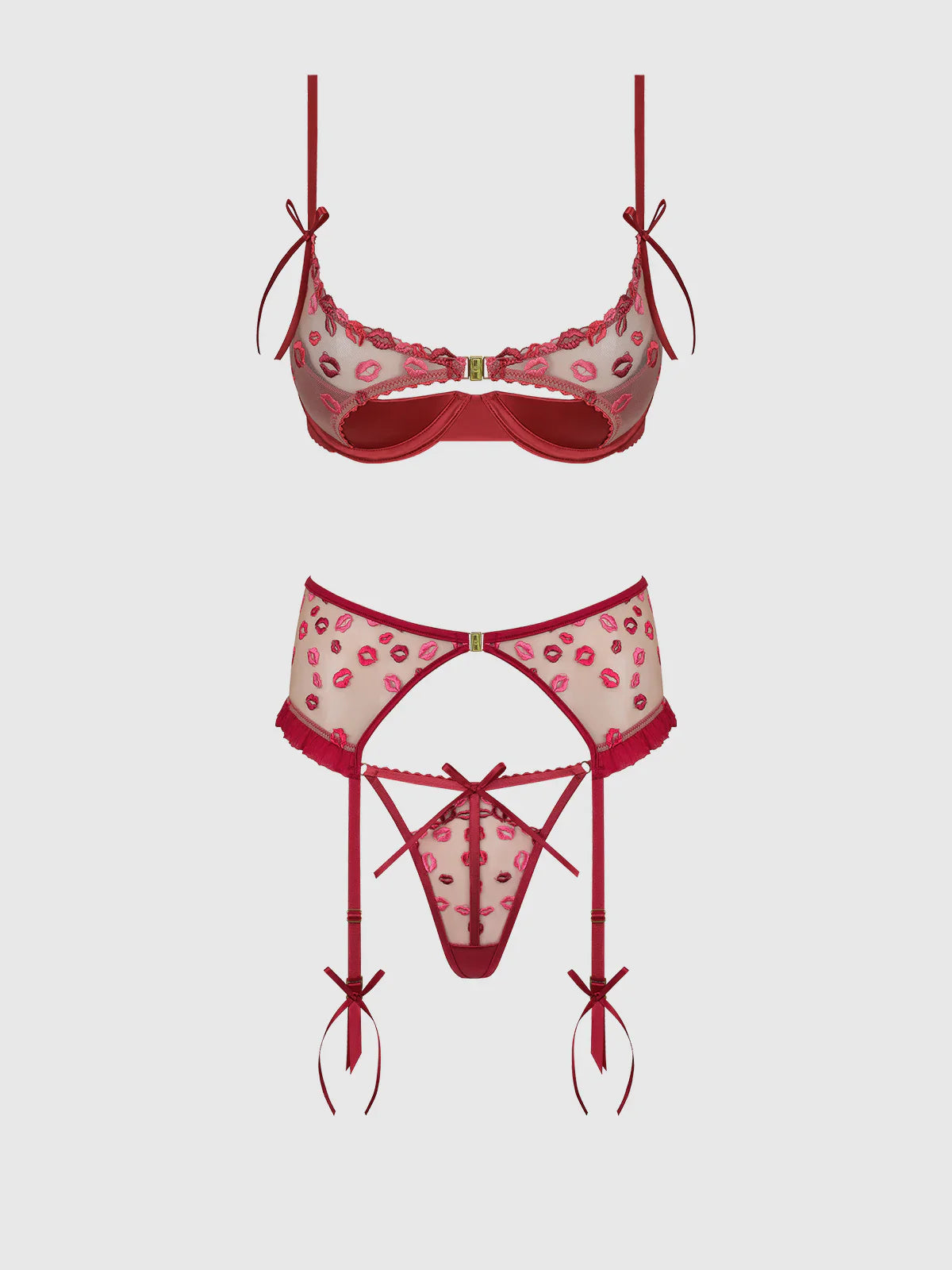 Angelina Lips Embroidery Open Cup Bra Set - House of Desire