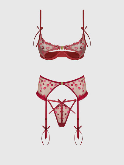 Angelina Lips Embroidery Open Cup Bra Set - House of Desire